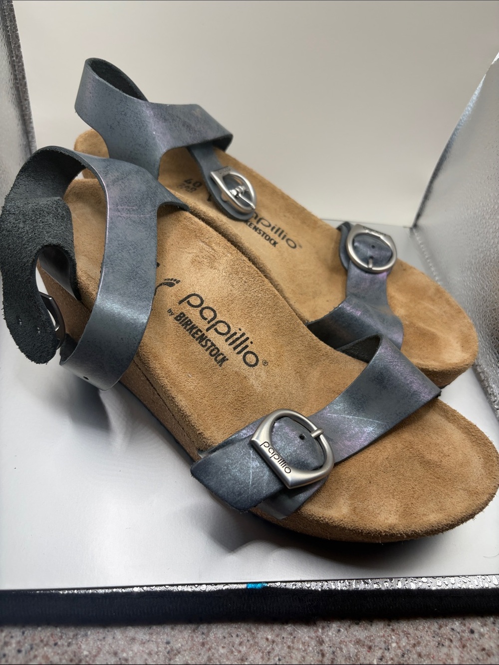 Papillio by Birkenstock Iridescent Gray Strappy Buckle Sandals